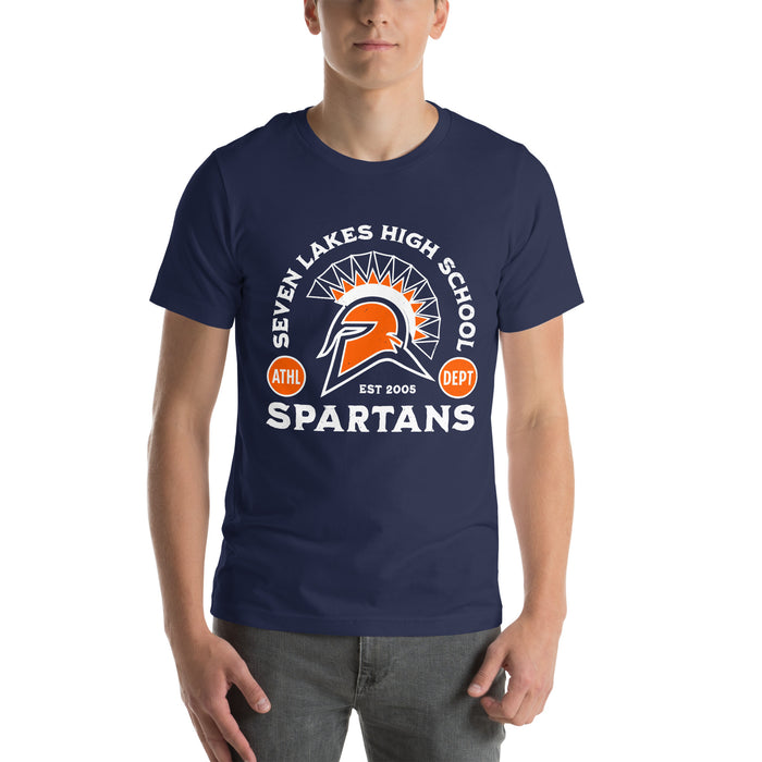 Man wearing Seven Lakes High School Spartans Navy Premium Unisex T-shirt 208