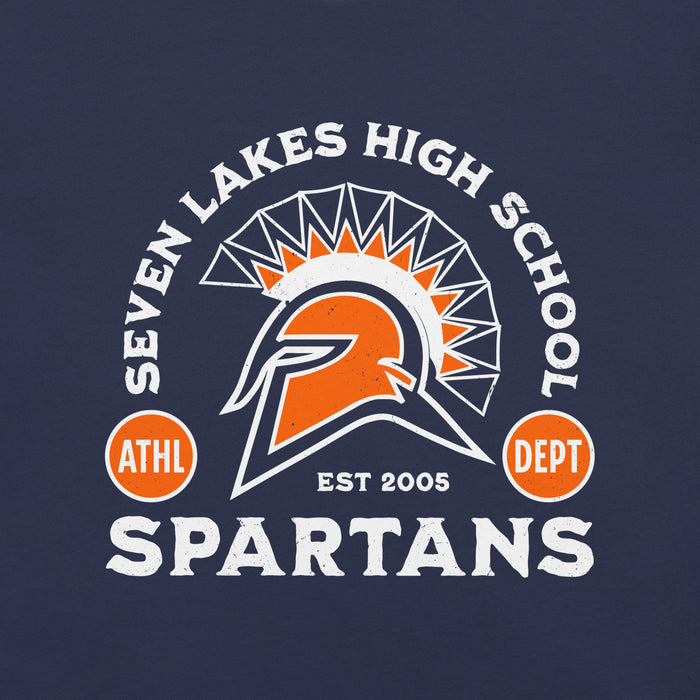 Close-up view of Seven Lakes High School Spartans Navy Premium Unisex T-shirt 208