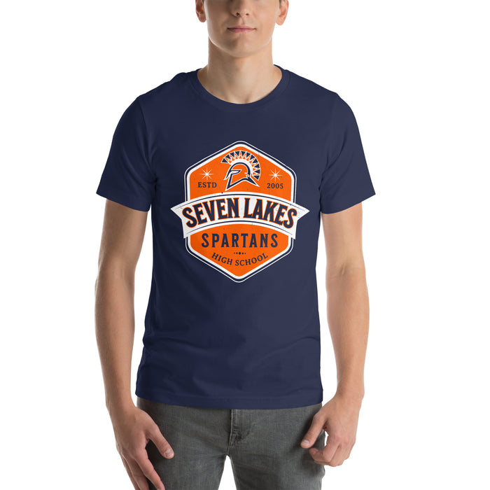 Man wearing Seven Lakes High School Spartans Navy Premium Unisex T-shirt 209