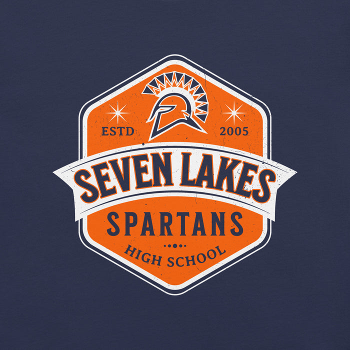 Close-up view of Seven Lakes High School Spartans Navy Premium Unisex T-shirt 209