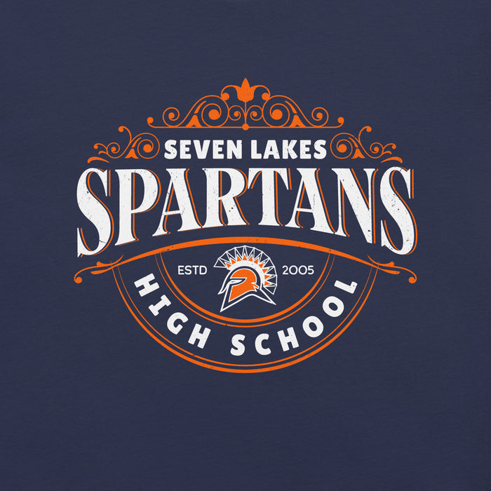 Close-up view of Seven Lakes High School Spartans Navy Premium Unisex T-shirt 211