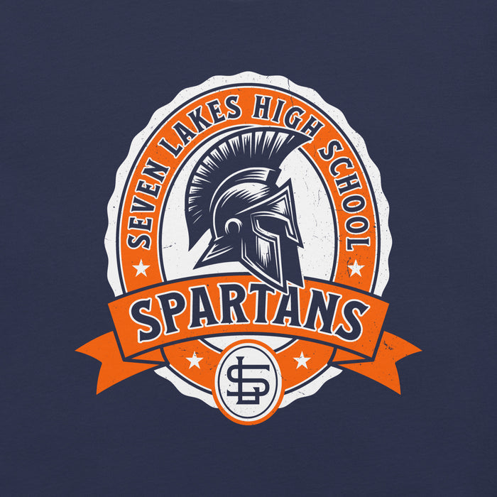 Close-up view of Seven Lakes High School Spartans Navy Premium Unisex T-shirt 212