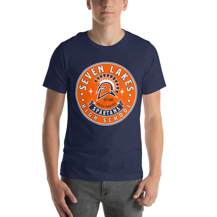 Man wearing Seven Lakes High School Spartans Navy Premium Unisex T-shirt 215