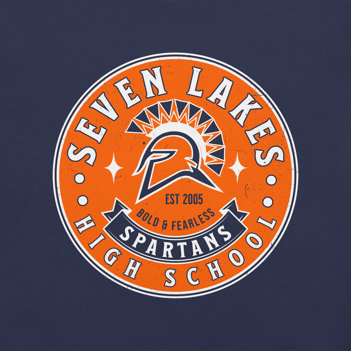 Close-up view of Seven Lakes High School Spartans Navy Premium Unisex T-shirt 215