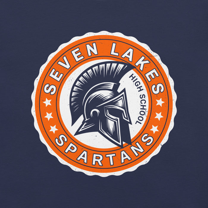 Close-up view of Seven Lakes High School Spartans Navy Premium Unisex T-shirt 216