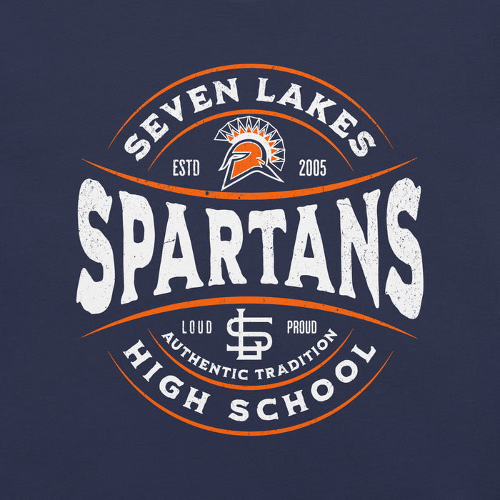 Close-up view of Seven Lakes High School Spartans Navy Premium Unisex T-shirt 218