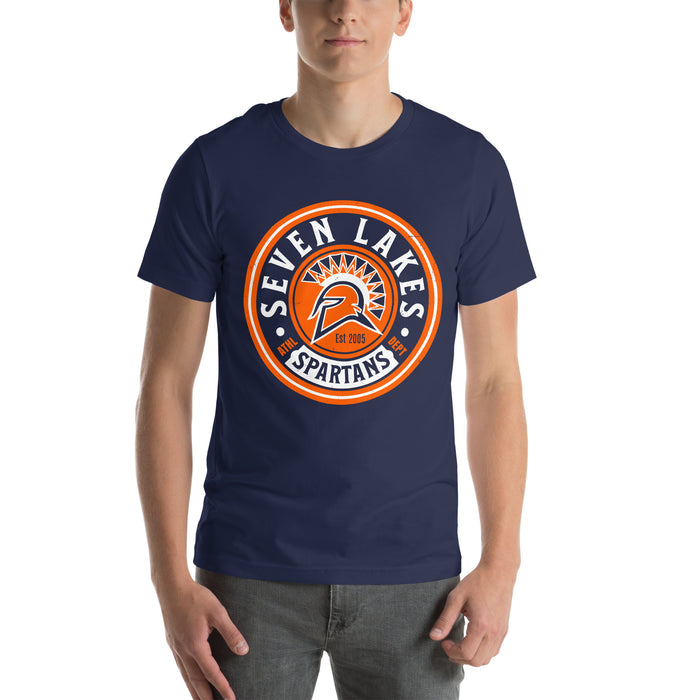 Man wearing Seven Lakes High School Spartans Navy Premium Unisex T-shirt 220