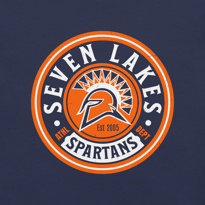 Close-up view of Seven Lakes High School Spartans Navy Premium Unisex T-shirt 220