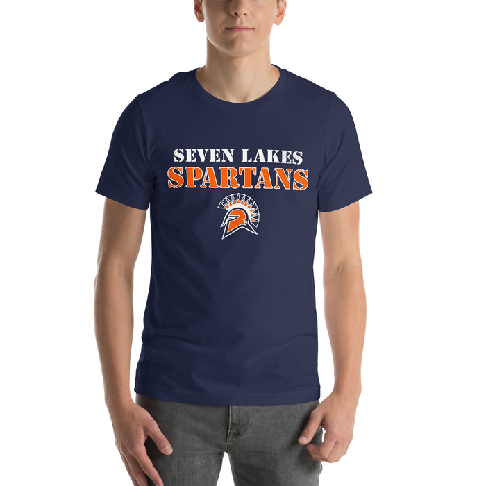 Man wearing Seven Lakes High School Spartans Navy Premium Unisex T-shirt 222