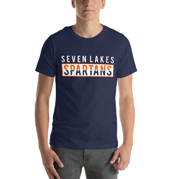 Man wearing Seven Lakes High School Spartans Navy Premium Unisex T-shirt 031