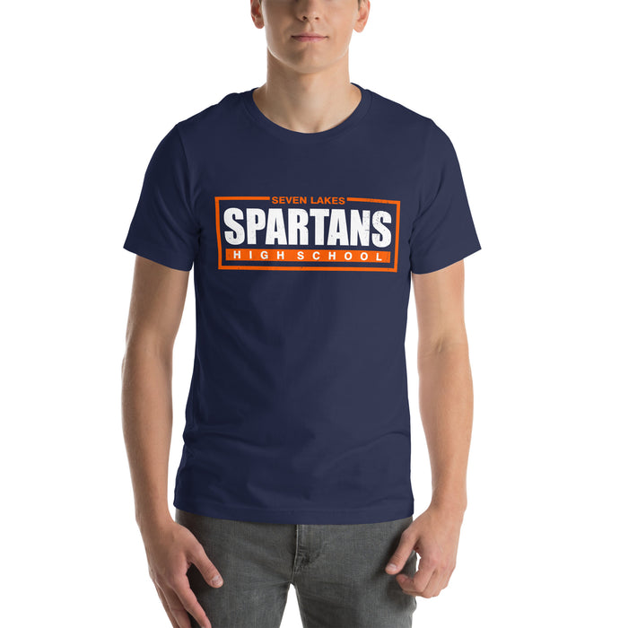 Man wearing Seven Lakes High School Spartans Navy Premium Unisex T-shirt 049