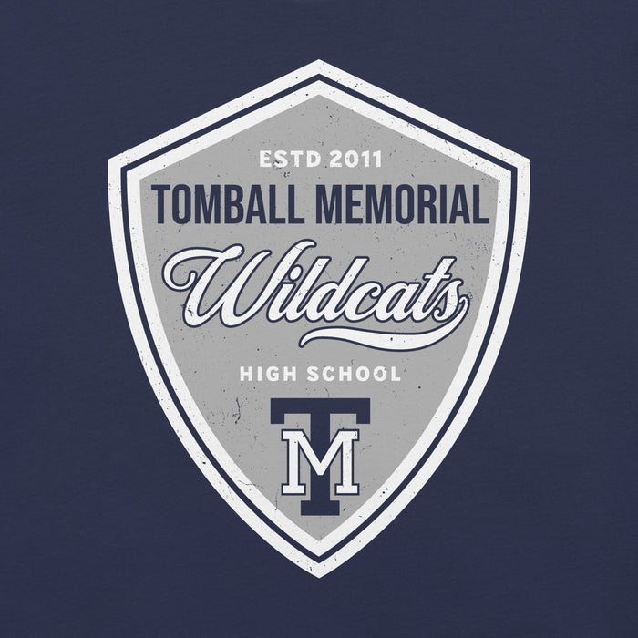 Close-up view of Tomball Memorial High School Wildcats Navy Premium Unisex T-shirt 225