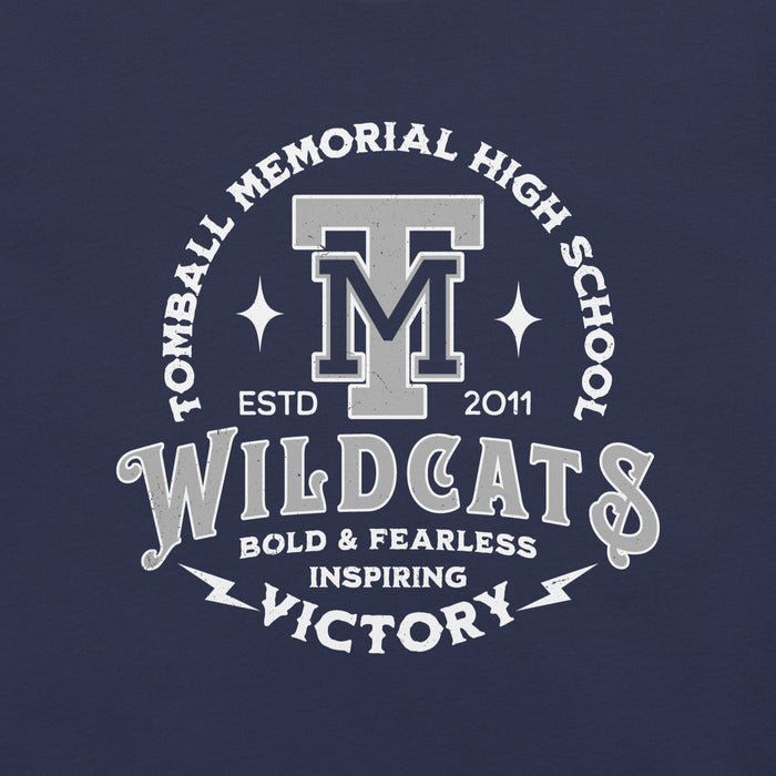 Close-up view of Tomball Memorial High School Wildcats Navy Premium Unisex T-shirt 206