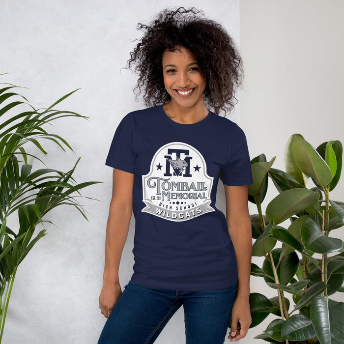 Woman wearing Tomball Memorial High School Wildcats Navy Premium Unisex T-shirt 201