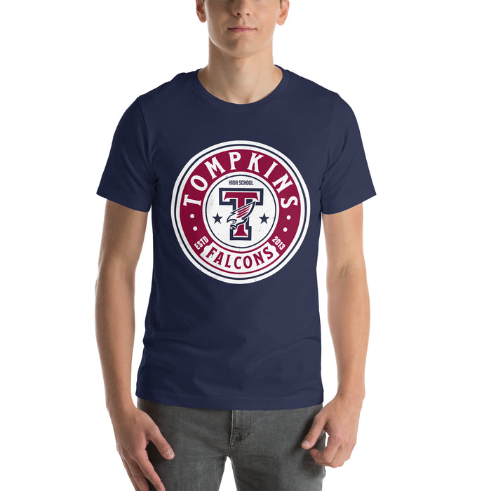 Man wearing Tompkins High School Falcons Navy Premium Unisex T-shirt 220