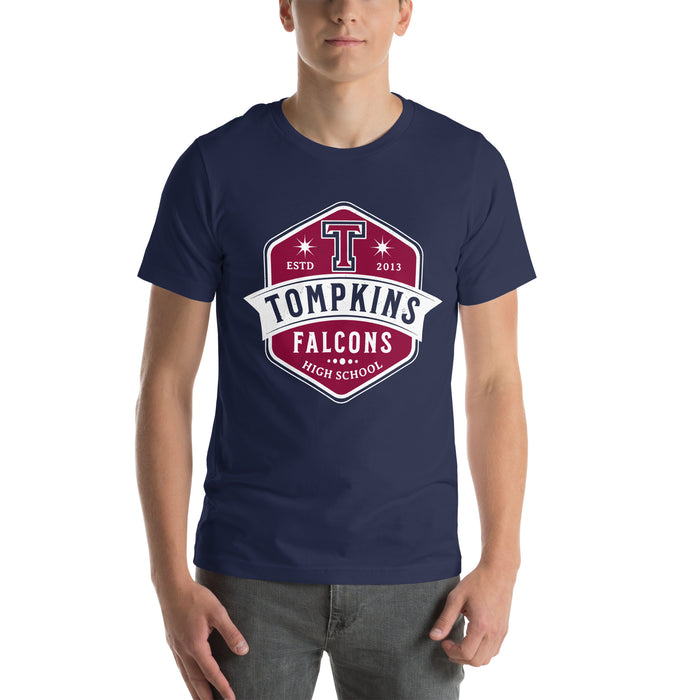 Man wearing Tompkins High School Falcons Navy Premium Unisex T-shirt 209