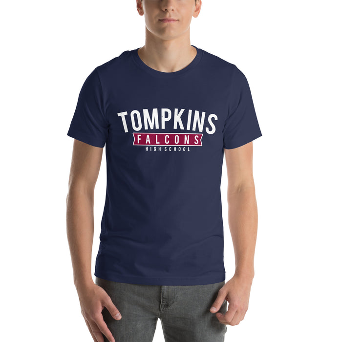 Man wearing Tompkins High School Falcons Navy Premium Unisex T-shirt 021