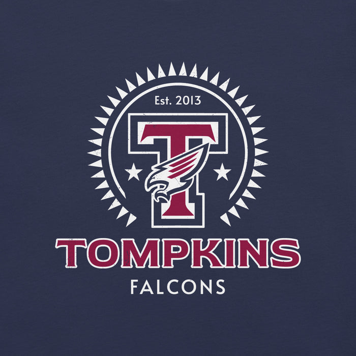 Close-up view of Tompkins High School Falcons Navy Premium Unisex T-shirt 226