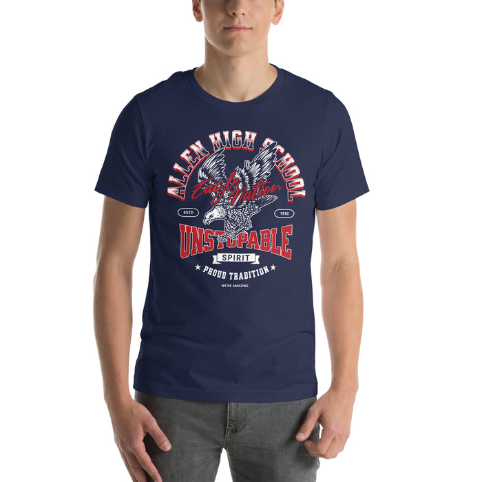 Man wearing Allen High School Eagles Premium Navy Blue Unisex T-shirt 204