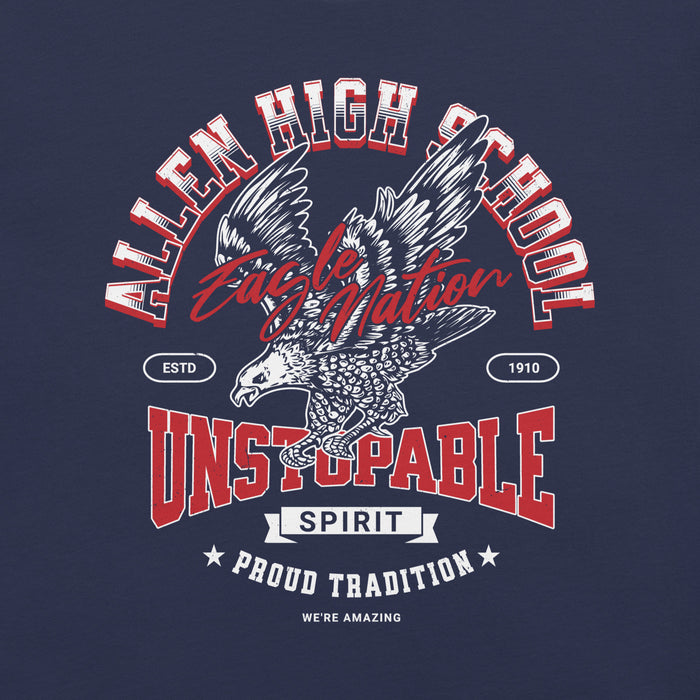 Close-up view of Allen High School Eagles Premium Navy Blue Unisex T-shirt 204