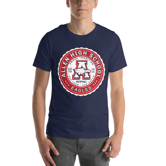 Man wearing Allen High School Eagles Premium Navy Blue Unisex T-shirt 209