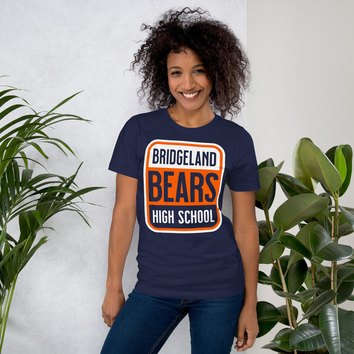 Woman wearing Bridgeland High School Bears Premium Navy Blue Unisex T-shirt 001