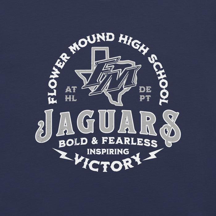 Close-up view of Flower Mound High School Jaguars Navy Blue Premium T-shirt 206