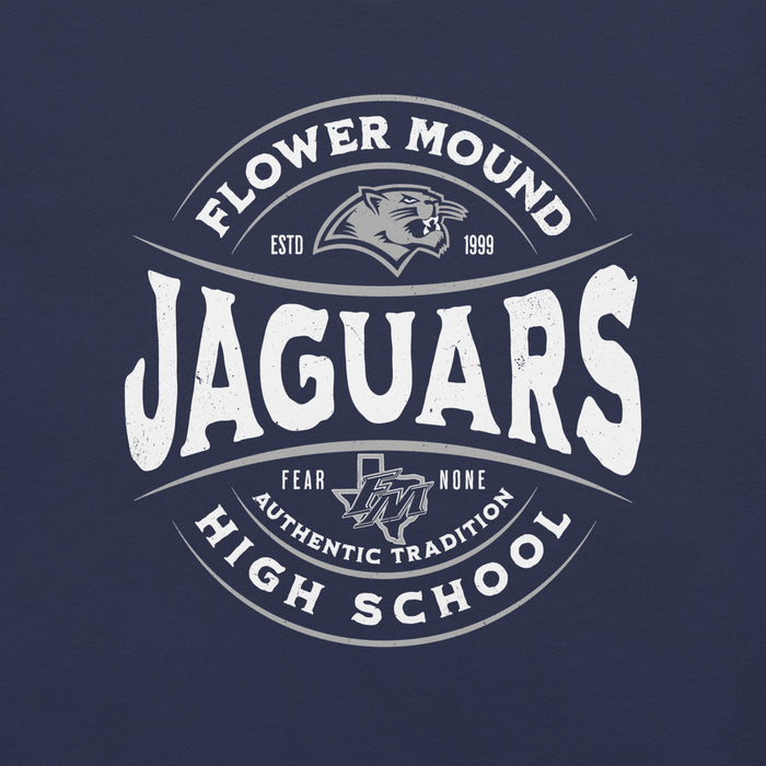 Close-up view of Flower Mound High School Jaguars Navy Blue Premium T-shirt 218
