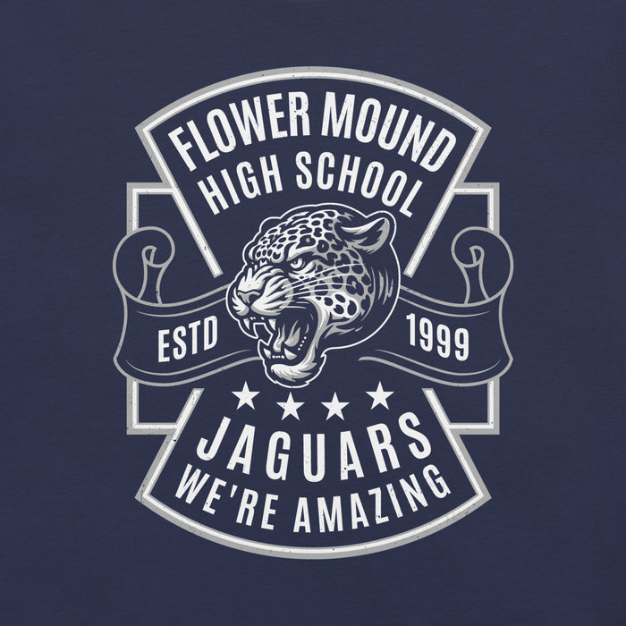 Close-up view of Flower Mound High School Jaguars Navy Blue Premium T-shirt 207