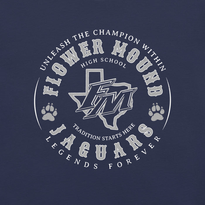 Close-up view of Flower Mound High School Jaguars Navy Blue Premium T-shirt 214