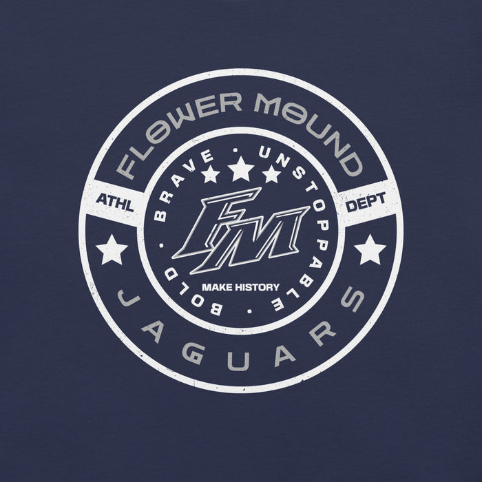 Close-up view of Flower Mound High School Jaguars Navy Blue Premium T-shirt 239