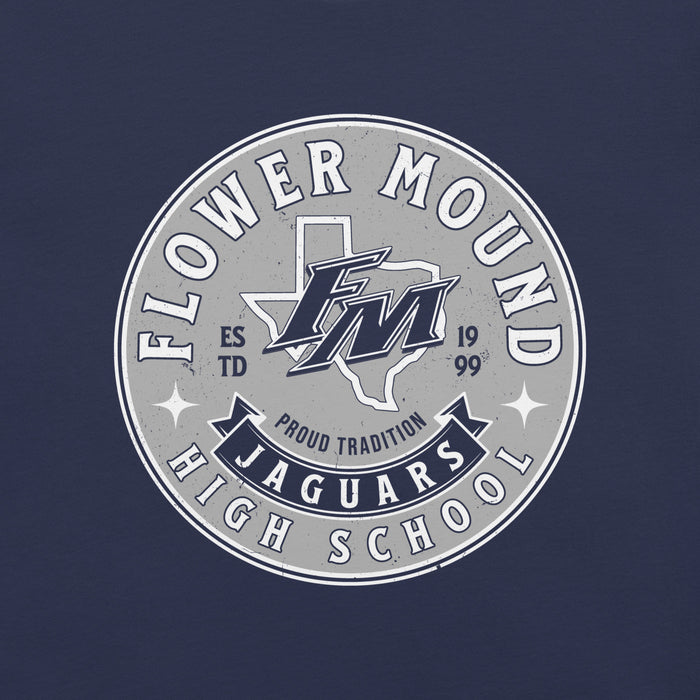 Close-up view of Flower Mound High School Jaguars Navy Blue Premium T-shirt 215