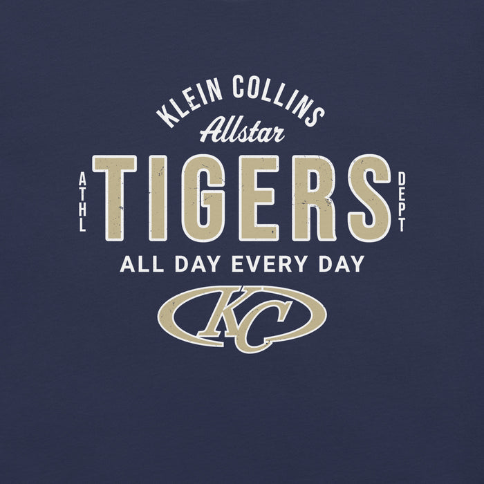 Close-up view of Klein Collins High School Tigers Premium Navy Blue Unisex T-shirt 040