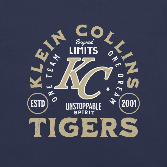 Close-up view of Klein Collins High School Tigers Premium Navy Blue Unisex T-shirt 208
