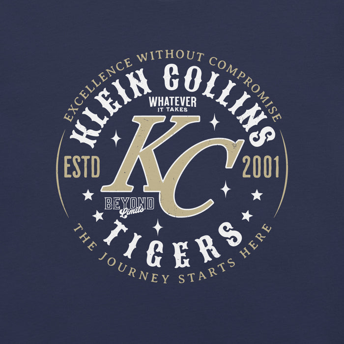 Close-up view of Klein Collins High School Tigers Premium Navy Blue Unisex T-shirt 214
