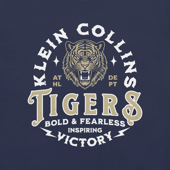 Close-up view of Klein Collins High School Tigers Premium Navy Blue Unisex T-shirt 206