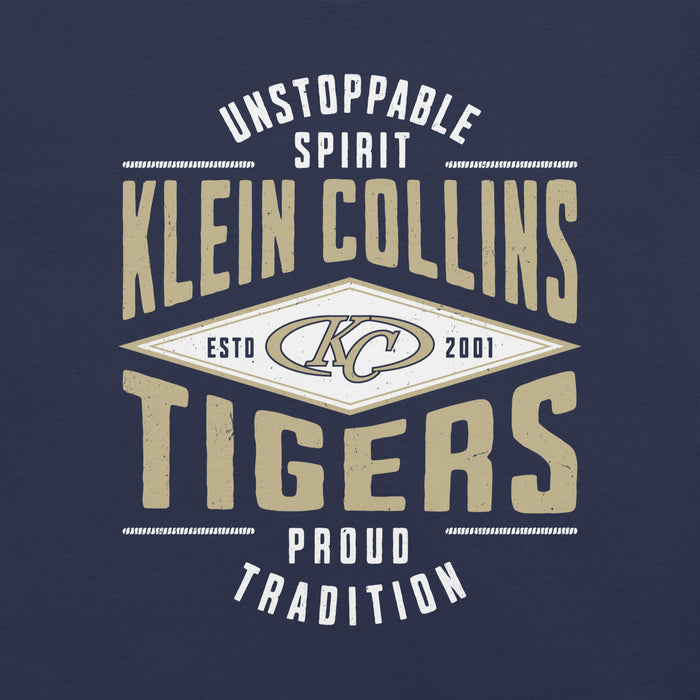 Close-up view of Klein Collins High School Tigers Premium Navy Blue Unisex T-shirt 210