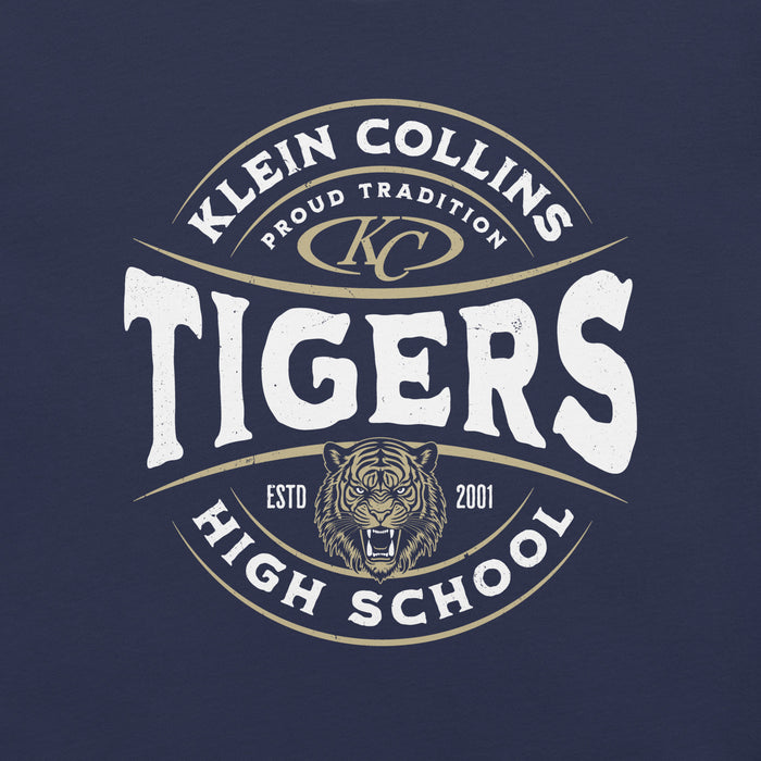 Close-up view of Klein Collins High School Tigers Premium Navy Blue Unisex T-shirt 218