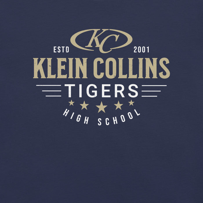 Close-up view of Klein Collins High School Tigers Premium Navy Blue Unisex T-shirt 217