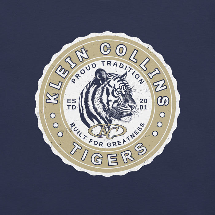 Close-up view of Klein Collins High School Tigers Premium Navy Blue Unisex T-shirt 216