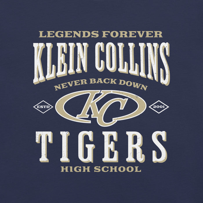 Close-up view of Klein Collins High School Tigers Premium Navy Blue Unisex T-shirt 230