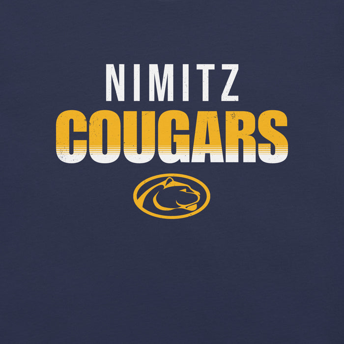 Close-up view of Nimitz High School Cougars Navy Blue Premium Unisex T-shirt 024
