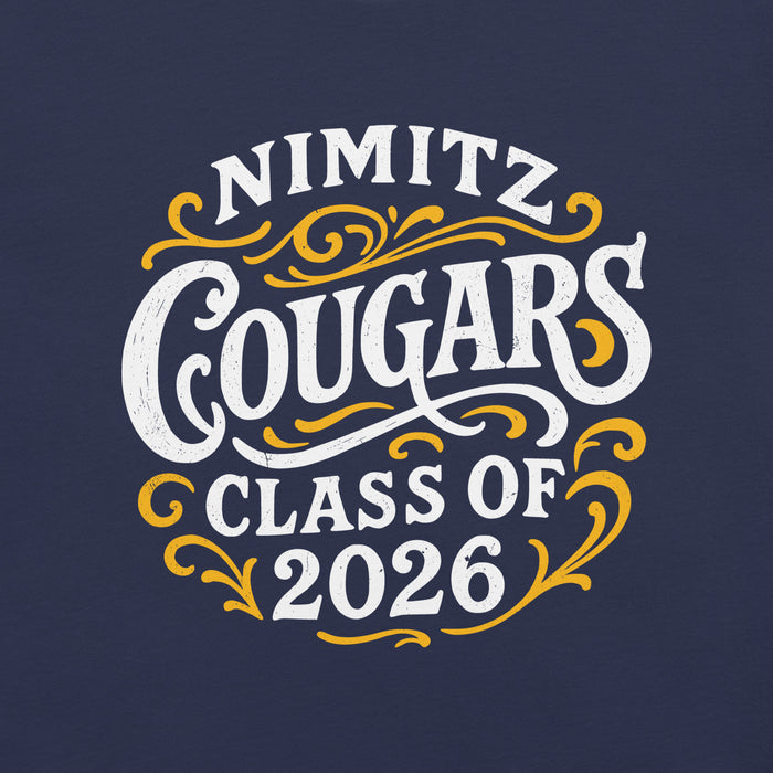 Nimitz Cougars Class of 2026 design on a dark blue background - Premium t-shirt design 254