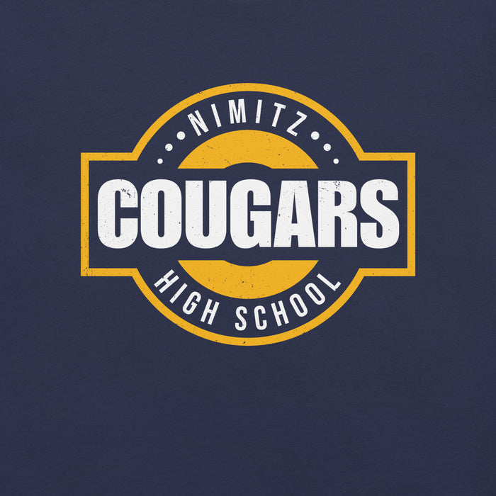 Close-up view of Nimitz High School Cougars Navy Blue Premium Unisex T-shirt 011