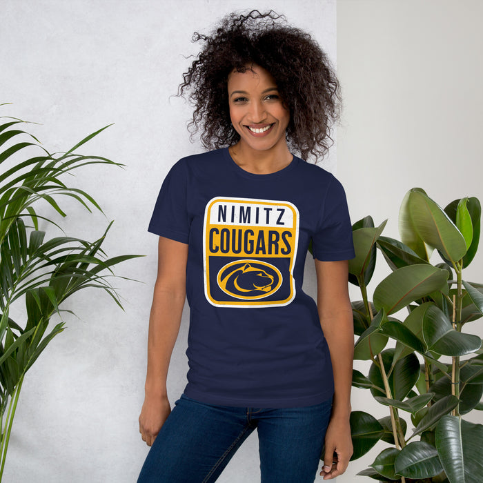 Woman wearing Nimitz High School Cougars Navy Blue Premium Unisex T-shirt 001