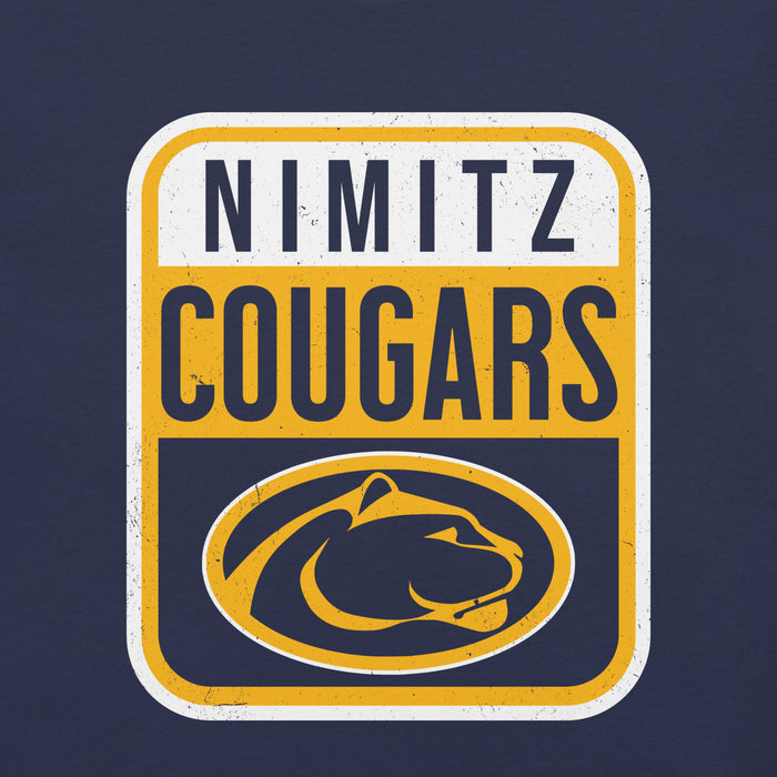 Close-up view of Nimitz High School Cougars Navy Blue Premium Unisex T-shirt 001