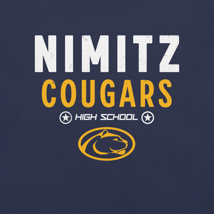 Close-up view of Nimitz High School Cougars Navy Blue Premium Unisex T-shirt 003