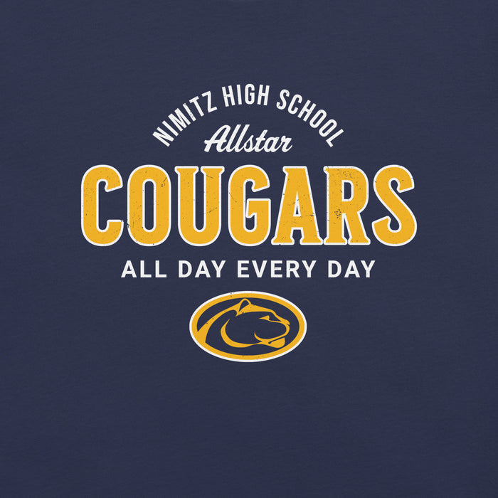 Close-up view of Nimitz High School Cougars Navy Blue Premium Unisex T-shirt 040
