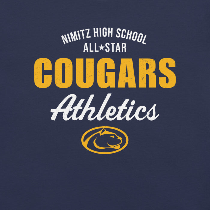 Close-up view of Nimitz High School Cougars Navy Blue Premium Unisex T-shirt 034