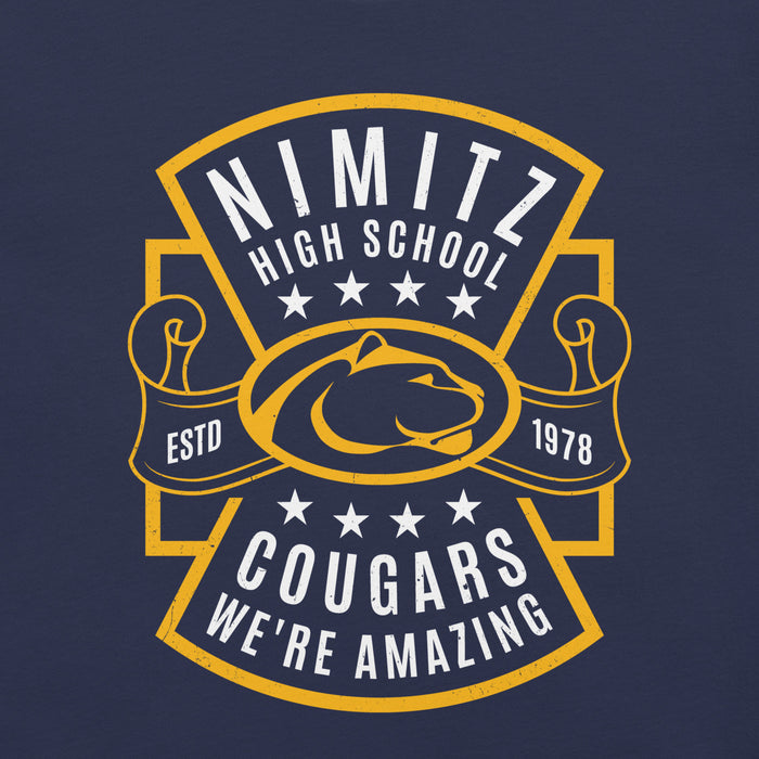 Close-up view of Nimitz High School Cougars Navy Blue Premium Unisex T-shirt 207